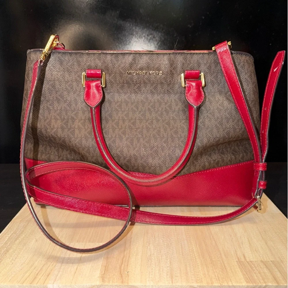 Michael Kors Handbag Tote Brown Signature‎ Red Leather Convertible Strap